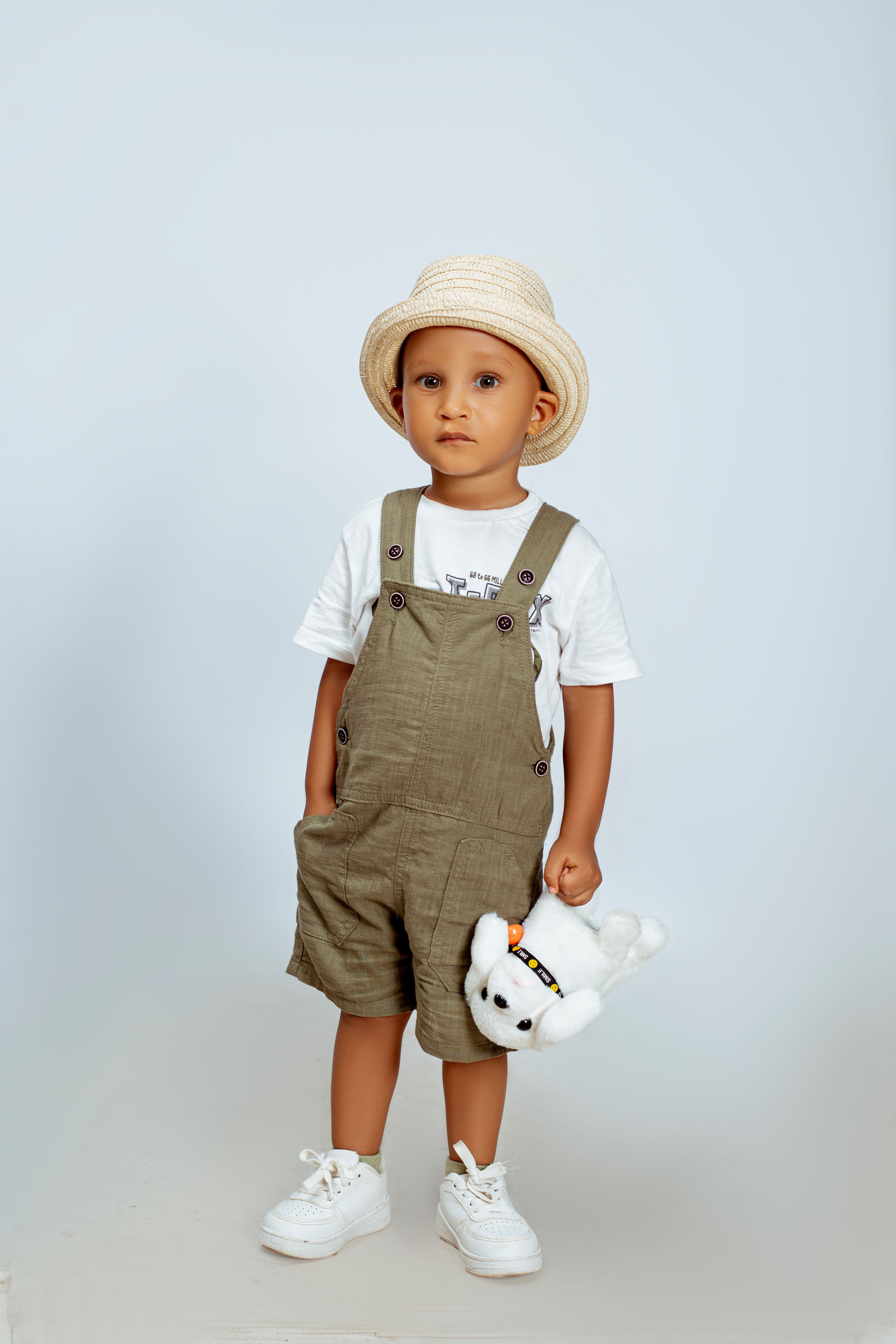 Olive Green Cotton Overalls with White T-Shirt view 1